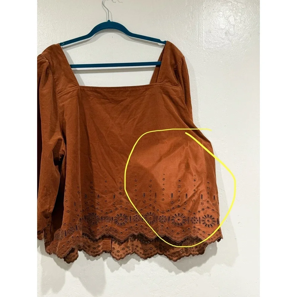 Madewell Corduroy Eyelet Button Front Top Rust Brown Square Neck Plus Size 3X